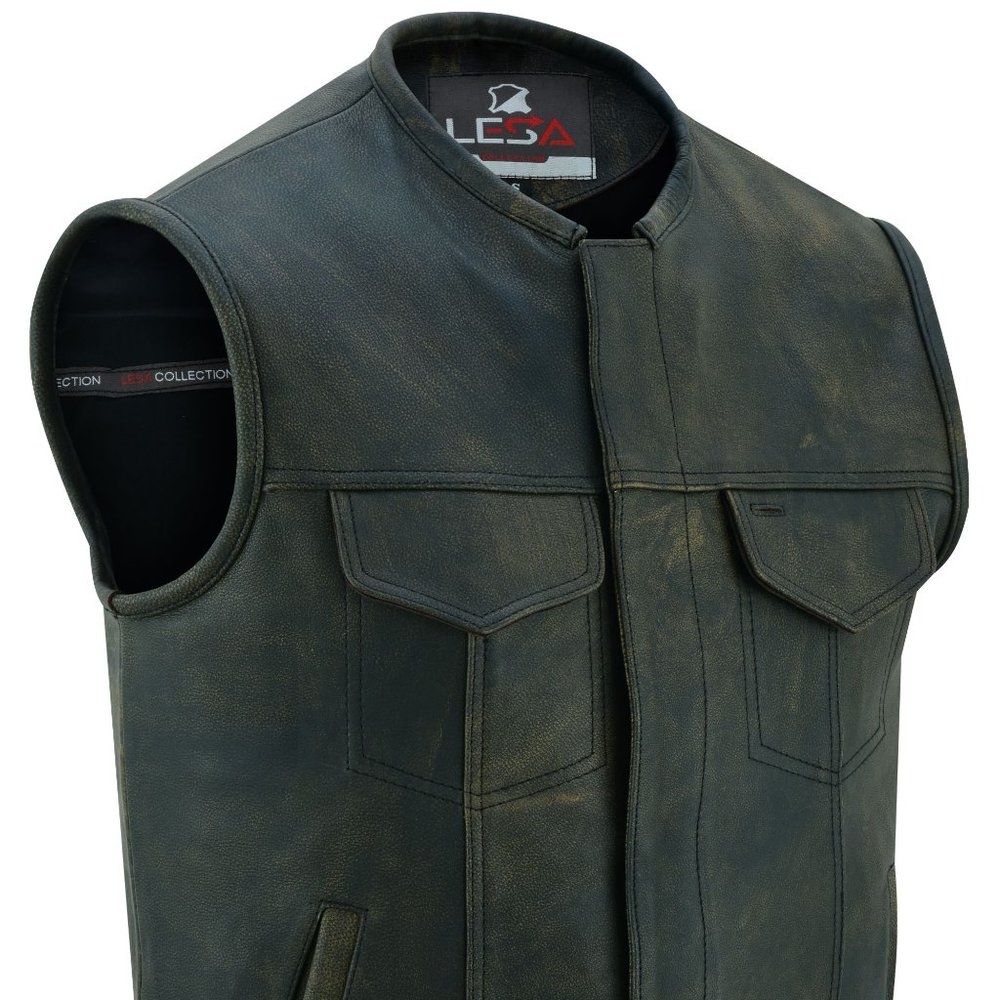 Leather  Men's Distressed Brown ‘Dual Closure’   Motorcycle Leather Vest